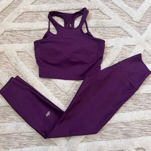 Set! ALO Outfit Airlift Enchanted Bra Tank & Airlift 7/8 Leggings Deep Plum XS